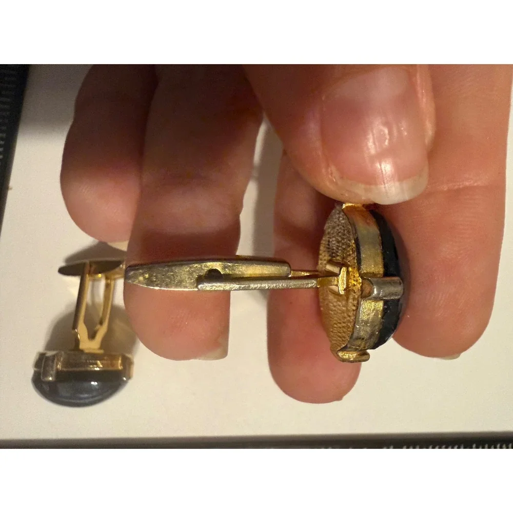 Vintage Gold Tone Hematite Cabochon Cufflinks Oval‎ Grey Stone Formal Mens